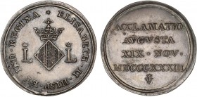 SPANISH MONARCHY: ELISABETH II
Elisabeth II
Medalla Proclamación. 19 Noviembre 1833. VALENCIA. 3,69 grs. AE Plateado. Ø 20 mm. He-35 var. metal. SC....