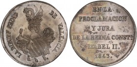SPANISH MONARCHY: ELISABETH II
Elisabeth II
Medalla Mayoría de Edad. 1843. DIPUTACIÓN PROVINCIAL VALENCIA. AR. Ø 24 mm. He-21. EBC.