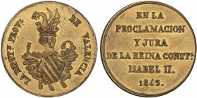 SPANISH MONARCHY: ELISABETH II
Elisabeth II
Medalla Mayoría de Edad. 1843. DIPUTACIÓN PROVINCIAL VALENCIA. 4,48 grs. Latón. Ø 24 mm. He-21 var. meta...