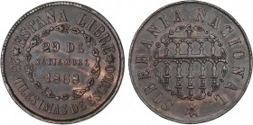 PESETA SYSTEM: PROVISIONAL GOVERNMENT AND I REPUBLIC
25 Milésimas de Escudo. 1868. SEGOVIA. SOBERANÍA NACIONAL. AE. ESCASA. AC-10. EBC.