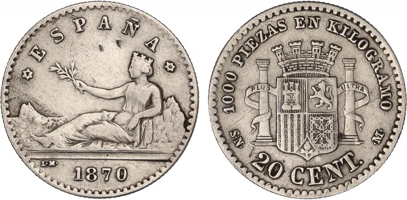 PESETA SYSTEM: PROVISIONAL GOVERNMENT AND I REPUBLIC
20 Céntimos. 1870 (*7-0). ...