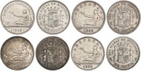 PESETA SYSTEM: PROVISIONAL GOVERNMENT AND I REPUBLIC
Lote 4 monedas 1 Peseta. 1869 (2) y 1870 (2). 1869 GOBIERNO PROVISIONAL y ESPAÑA y 1870 (*70) y ...