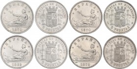 PESETA SYSTEM: PROVISIONAL GOVERNMENT AND I REPUBLIC
Lote 4 monedas 2 Pesetas. 1869 y 1870 (*70, 73 y 75). (Limpiadas). A EXAMINAR. MBC+ a EBC.