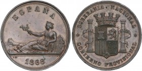 PESETA SYSTEM: PROVISIONAL GOVERNMENT AND I REPUBLIC
Medalla Soberanía Nacional en cobre. 1868. Anv.: Matrona tumbada con los pies en el Peñón de Gib...