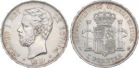 PESETA SYSTEM: AMADEO I
5 Pesetas. 1871 (*18-71). S.D.-M. (Pátina anaranjada irregular, leves golpecitos, limpiada). EBC-/EBC.