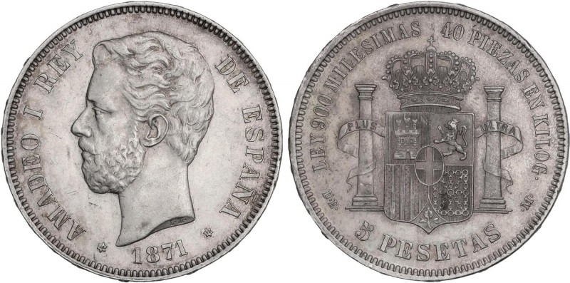 PESETA SYSTEM: AMADEO I
5 Pesetas. 1871 (*18-73). D.E.-M. Trazo superior del 3 ...