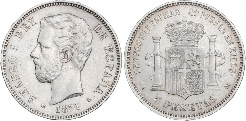 PESETA SYSTEM: AMADEO I
5 Pesetas. 1871 (*18-73). D.E./S.D.-M. Rectificación de...