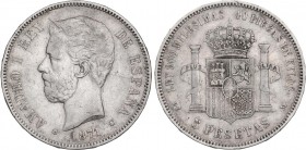PESETA SYSTEM: AMADEO I
5 Pesetas. 1871 (*18-73). D.E.-M. MBC.