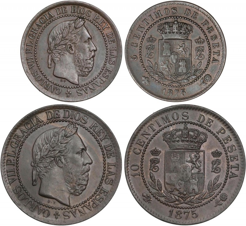 PESETA SYSTEM: CHARLES VII Pretender
Lote 2 monedas 5 y 10 Céntimos. 1875. BRUS...