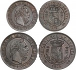 PESETA SYSTEM: CHARLES VII Pretender
Lote 2 monedas 5 y 10 Céntimos. 1875. BRUSELAS. Anversos y reversos coincidentes. Tipo medalla. AC-3, 6. MBC+.
