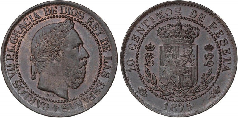 PESETA SYSTEM: CHARLES VII Pretender
10 Céntimos. 1875. BRUSELAS. AE. Anverso y...