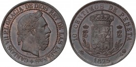 PESETA SYSTEM: CHARLES VII Pretender
10 Céntimos. 1875. BRUSELAS. AE. Anverso y reverso coincidentes. Tipo medalla. AC-6. EBC.