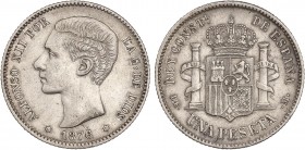 PESETA SYSTEM: ALFONSO XII
1 Peseta. 1876 (*18-76). D.E.-M. (Pequeños golpecitos). MBC+.