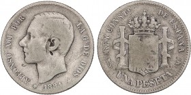 PESETA SYSTEM: ALFONSO XII
1 Peseta. 1884 (*__ -__ ). M.S.-M. RARA. BC+.