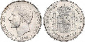 PESETA SYSTEM: ALFONSO XII
1 Peseta. 1885 (*18-85). M.S.-M. (Limpiada). MBC+/EBC-.
