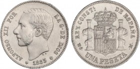 PESETA SYSTEM: ALFONSO XII
1 Peseta. 1885 (*18-86). M.S.-M. (Leves rayitas de limpieza). Brillo original. ESCASA ASÍ. EBC.
