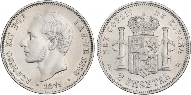 PESETA SYSTEM: ALFONSO XII
2 Pesetas. 1879 (*18-79). E.M.-M. (Limpiada). MBC+/E...
