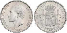 PESETA SYSTEM: ALFONSO XII
2 Pesetas. 1879 (*18-79). E.M.-M. (Limpiada). MBC+/EBC-.