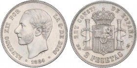 PESETA SYSTEM: ALFONSO XII
2 Pesetas. 1884 (*18-84). M.S.-M. (Limpiada). (EBC).