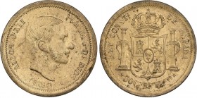 PESETA SYSTEM: ALFONSO XII
Prueba de 50 Centavos de Peso. 1880. MANILA. Latón. Anverso y reverso coincidentes. Tipo medalla. Acuñada probablemente a ...