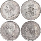 PESETA SYSTEM: ALFONSO XII
Lote 2 monedas 5 Pesetas. 1875 (*18-75) y 1876 (*18-76). D.E.-M. Las dos variante fondo del pabellón de la oreja rayado. (...