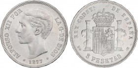 PESETA SYSTEM: ALFONSO XII
5 Pesetas. 1877 (*18-77). D.E.-M. (Leves golpecitos. Limpiada). Restos de brillo original. EBC.