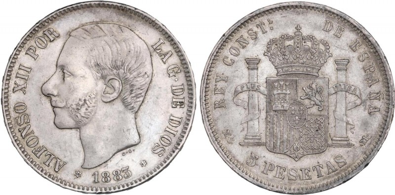 PESETA SYSTEM: ALFONSO XII
5 Pesetas. 1883 (*18-83). M.S.-M. (Leves golpecitos)...