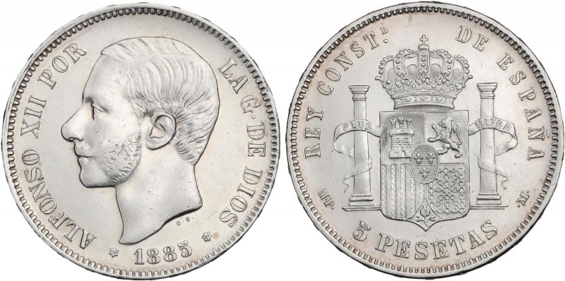 PESETA SYSTEM: ALFONSO XII
5 Pesetas. 1885 (*18-87). M.P.-M. (Leves golpecitos....