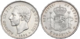 PESETA SYSTEM: ALFONSO XII
5 Pesetas. 1885 (*18-87). M.P.-M. (Leves golpecitos. Limpiada). EBC.