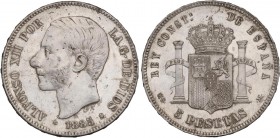 PESETA SYSTEM: ALFONSO XII
5 Pesetas. 1885 (*18-87). M.S.-M. Restos de brillo original. EBC.