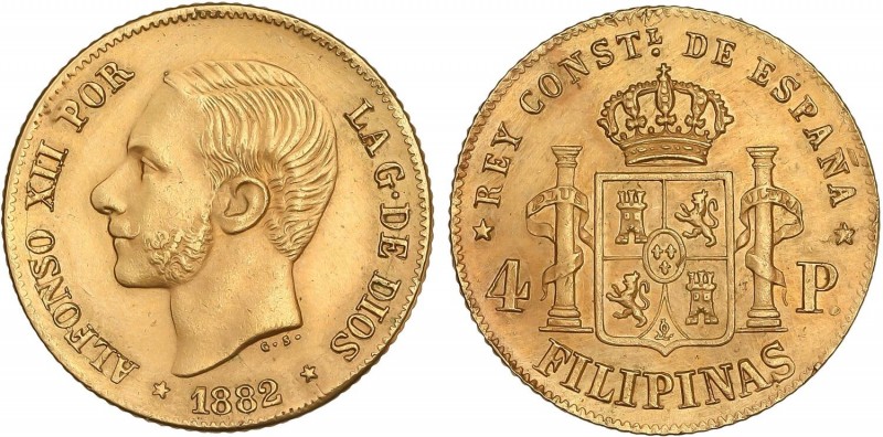 PESETA SYSTEM: ALFONSO XII
4 Pesos. 1882. MANILA. 6,79 grs. ESCASA. EBC-/EBC.