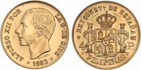 PESETA SYSTEM: ALFONSO XII
Medalla Reproducción 4 Pesos. 1883. MANILA. 6,38 grs. AU 917/1000. Acuñación de 100 medallas. SC.
