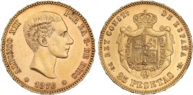 PESETA SYSTEM: ALFONSO XII
25 Pesetas. 1876 (*18-76). D.E.-M. (Pequeños golpecitos en canto). EBC-.