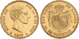 PESETA SYSTEM: ALFONSO XII
25 Pesetas. 1877 (*18-77). D.E.-M. (Pequeños golpecitos). EBC.