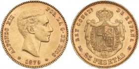 PESETA SYSTEM: ALFONSO XII
25 Pesetas. 1879 (*18-79). E.M.-M. (Pequeños golpecitos). Restos de brillo original. MBC+.