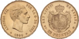 PESETA SYSTEM: ALFONSO XII
25 Pesetas. 1880 (*18-80). M.S.-M. (Pequeños golpecitos). EBC-.