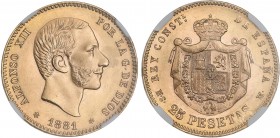 PESETA SYSTEM: ALFONSO XII
25 Pesetas. 1881 (*18-81). M.S.-M. 8,05 grs. Precintado y garantizado por NGC (nº 5777995-004) como MS 64. (Leves rayitas ...