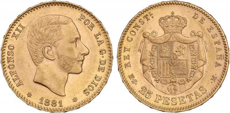 PESETA SYSTEM: ALFONSO XII
25 Pesetas. 1881 (*18-81). M.S.-M. Brillo original. ...