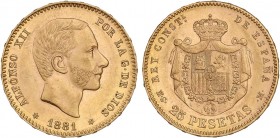 PESETA SYSTEM: ALFONSO XII
25 Pesetas. 1881 (*18-81). M.S.-M. Brillo original. EBC.