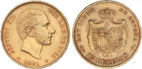 PESETA SYSTEM: ALFONSO XII
25 Pesetas. 1881 (*18-81). M.S.-M. (Pequeños golpecitos). EBC-.