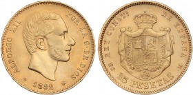 PESETA SYSTEM: ALFONSO XII
25 Pesetas. 1882/1 (*18-82/1). M.S.-M. (Golpecito en segunda estrella). AC-83; VS-111.1. (EBC).