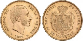 PESETA SYSTEM: ALFONSO XII
25 Pesetas. 1882 (*18-82). M.S.-M. Restos de brillo original. EBC-.