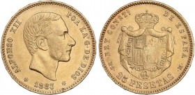 PESETA SYSTEM: ALFONSO XII
25 Pesetas. 1883 (*18-83). M.S.-M. (Limpiada). MBC.