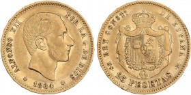 PESETA SYSTEM: ALFONSO XII
25 Pesetas. 1884 (*18-84). M.S.-M. Cifras de la segunda estrella algo flojas. Pátina irregular. MBC.