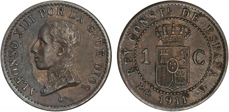 PESETA SYSTEM: ALFONSO XIII
1 Céntimo. 1911 (*1). P.C.-V. Pátina. EBC/EBC+.