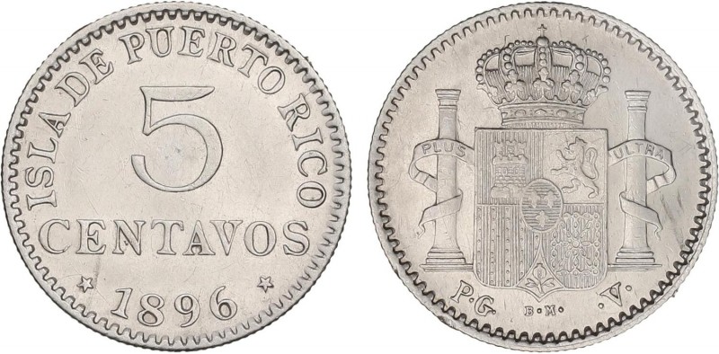 PESETA SYSTEM: ALFONSO XIII
5 Centavos de Peso. 1896. PUERTO RICO. P.G.-V. (Lev...