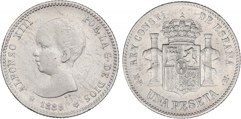 PESETA SYSTEM: ALFONSO XIII
1 Peseta. 1889 (*__-89). M.P.-M. (Rayitas en forma ...