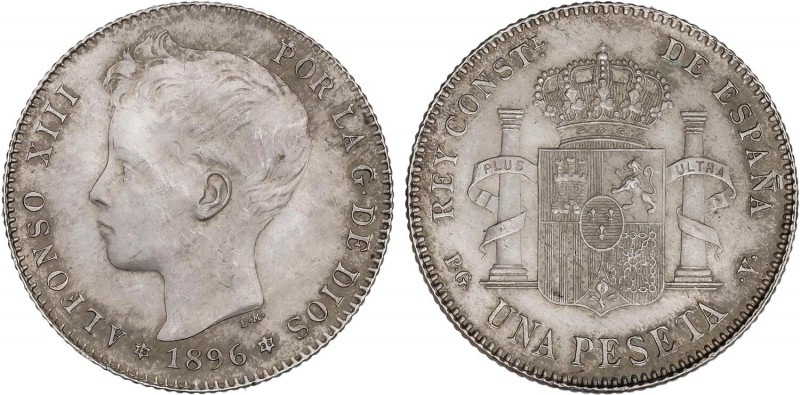 PESETA SYSTEM: ALFONSO XIII
1 Peseta. 1896 (*18-96). P.G.-V. Pátina. SC-.