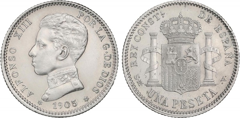 PESETA SYSTEM: ALFONSO XIII
1 Peseta. 1905 (*19-05). S.M.-V. ESCASA. EBC-.