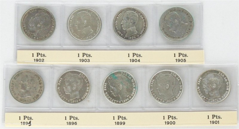 PESETA SYSTEM: ALFONSO XIII
Lote 9 monedas 1 Peseta. 1891, 1896, 1899, 1900, 19...